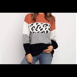 Striped Animal Print Sweater, Gray, Black, White, Orange, Size Large